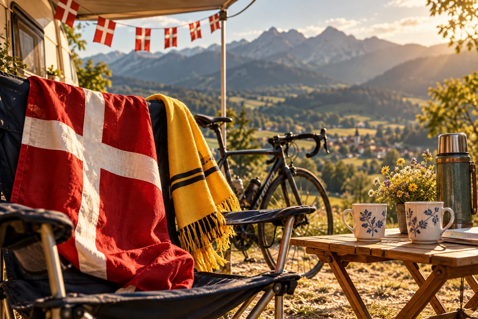 Illustration af danske flag, gult halstørklæde og kaffekopper