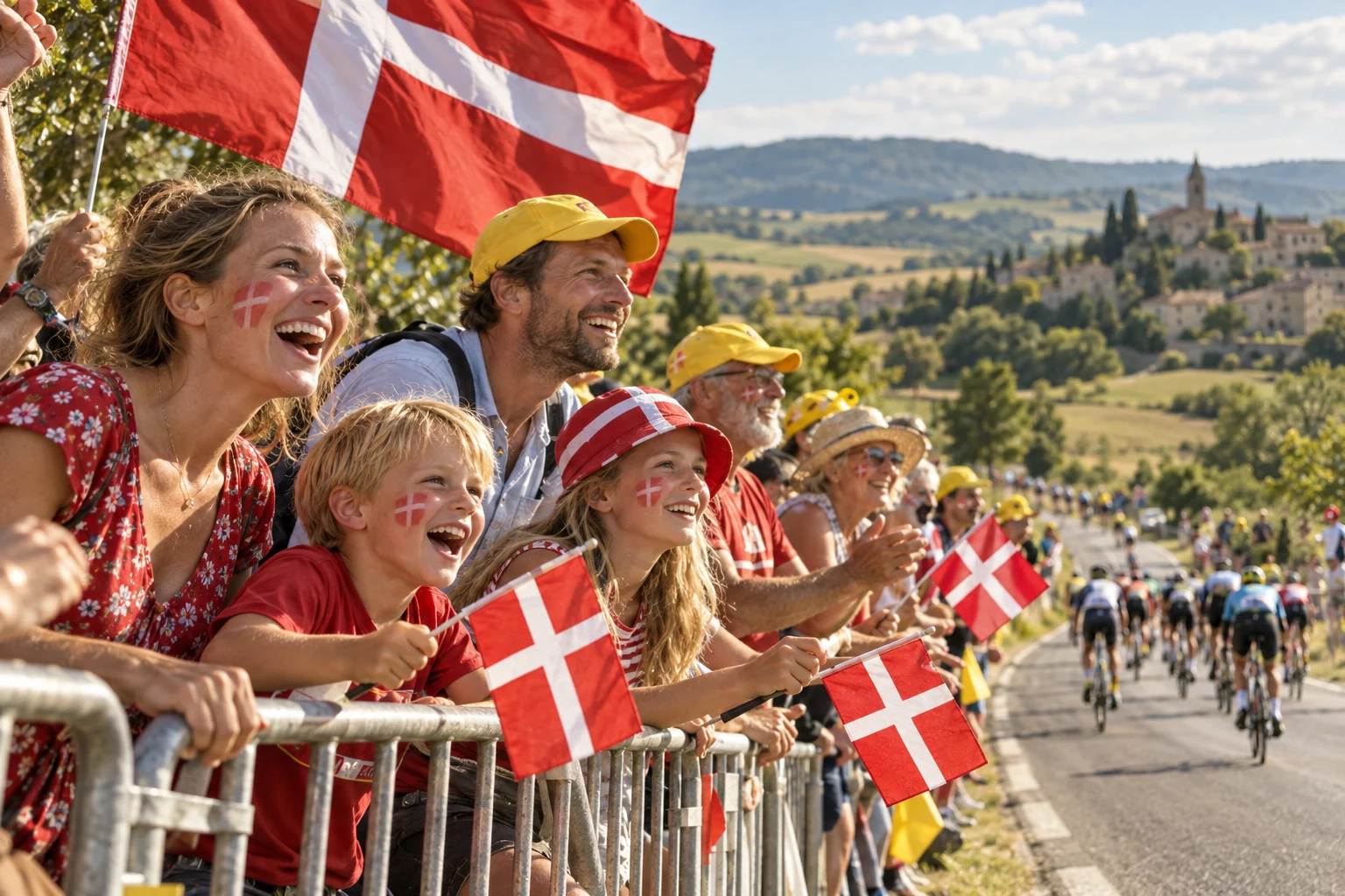 Illustration af danske fans med Dannebrog og gule kasketter ved cykelløbet